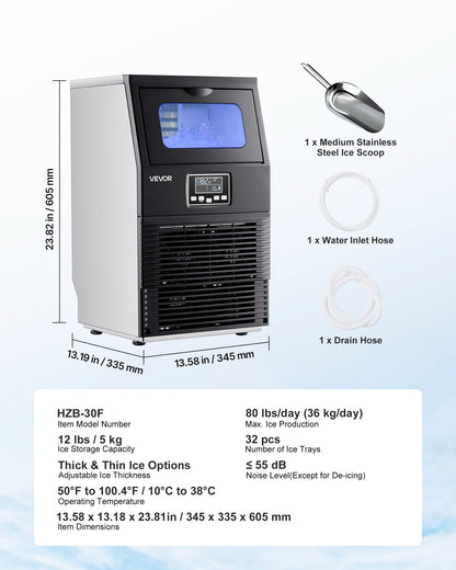Commercial Ice Maker Machine, 36.29 kg/24h with 5.44kg Storage, 32 Cubes per Cycle, Stainless Steel Freestanding & Countertop Ice Maker with LED Display & Self-Cleaning, for Home Bar Restaurant