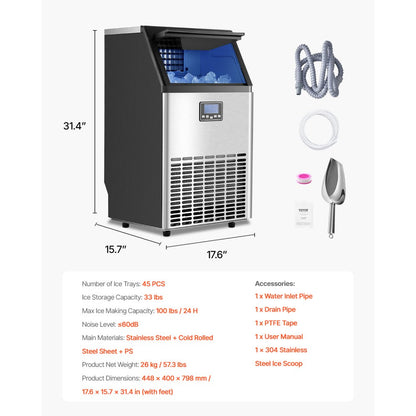 VEVOR Commercial Ice Maker Freestanding Cabinet Machine 100lbs/24H 45 Ice Cubes