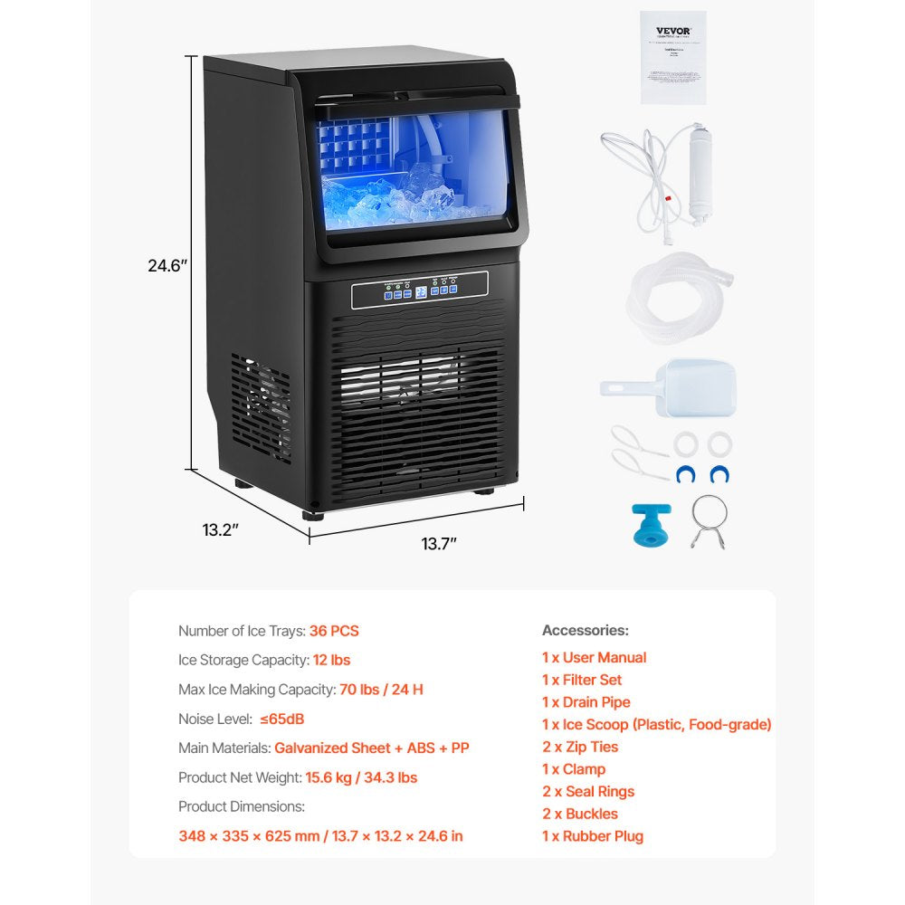 VEVOR Commercial Ice Maker Freestanding Cabinet Machine 70lbs/24H 36 Ice Cubes