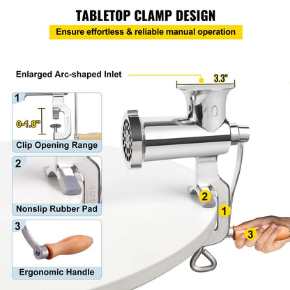 Heavy Duty Manual Meat Grinder & Sausage Filler with Stainless Steel Clamp