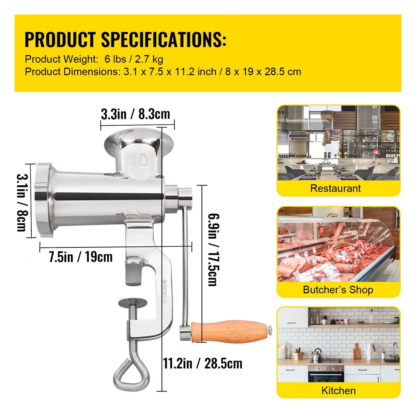 Heavy Duty Manual Meat Grinder & Sausage Filler with Stainless Steel Clamp
