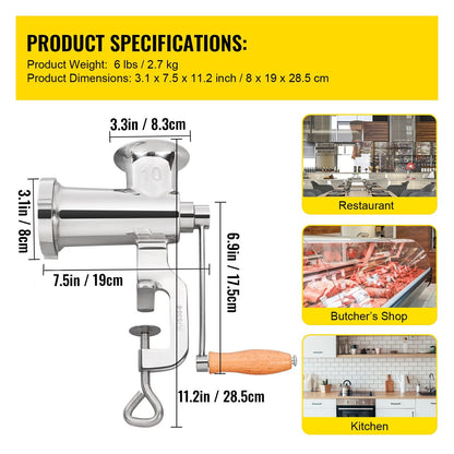 Heavy Duty Manual Meat Grinder & Sausage Filler with Stainless Steel Clamp