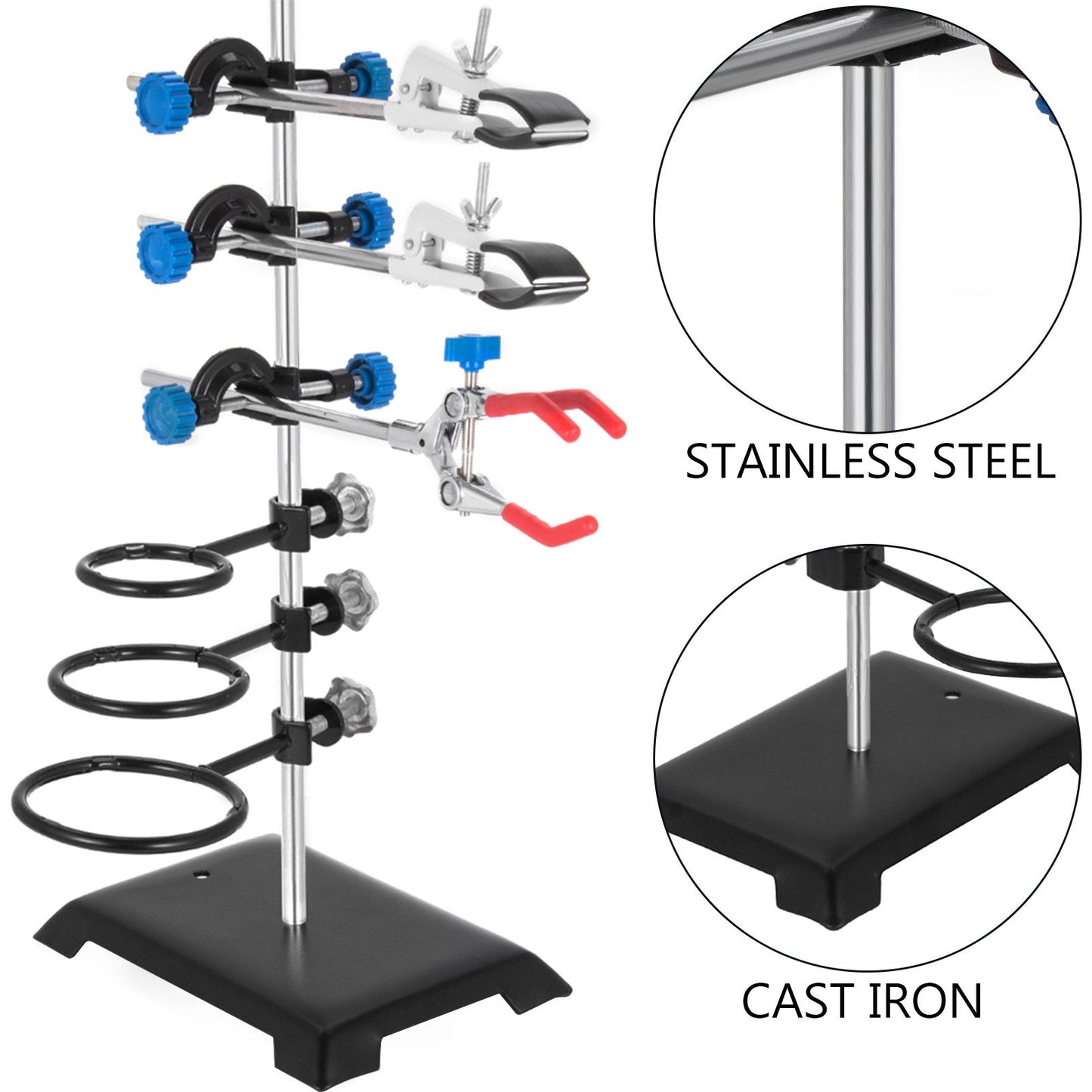 Laboratory Metalware Set with Adjustable Stand and Clamps, 0.6m Pole, 2.5kg