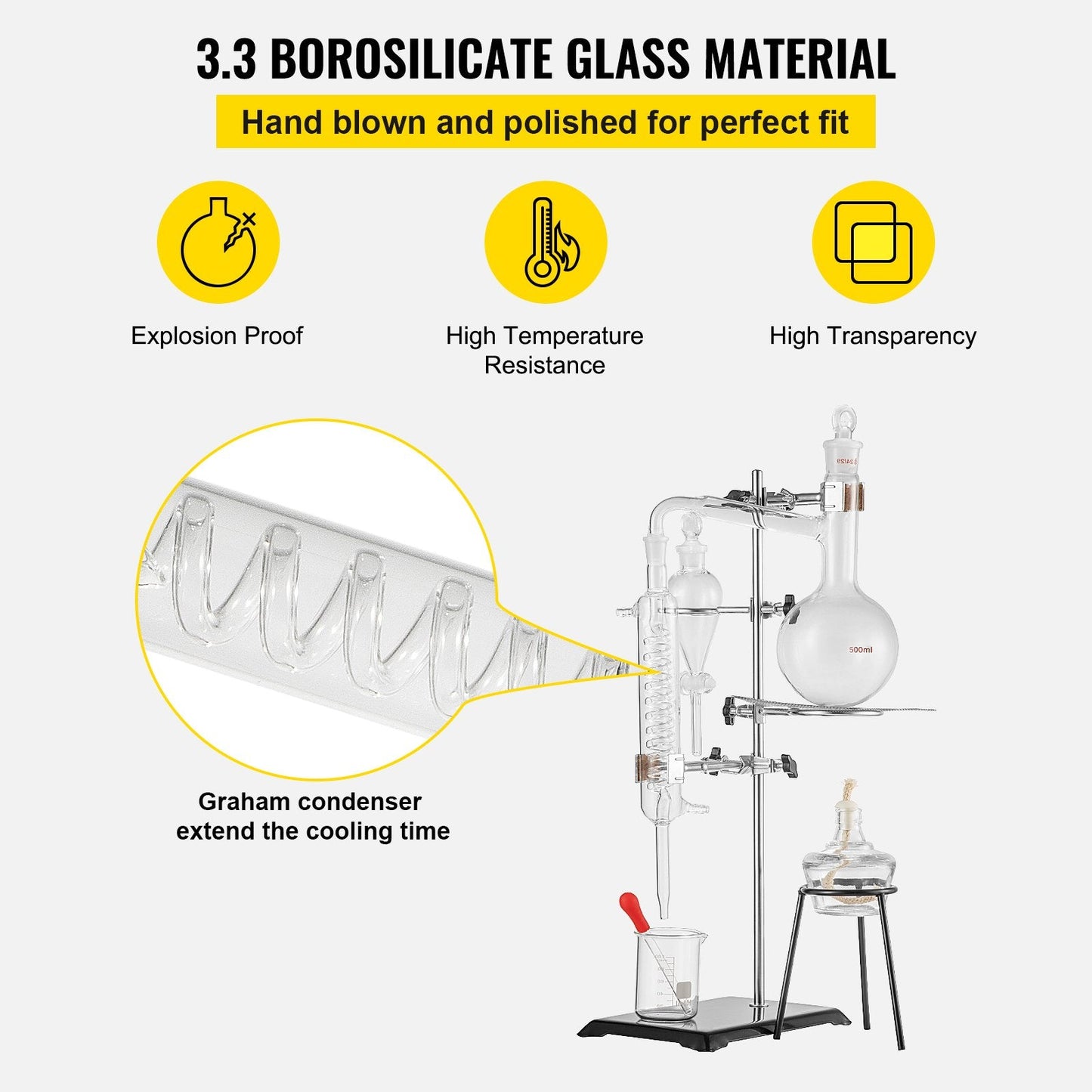 500ml Glass Distillation Kit with Condenser for Water and Oil Purification