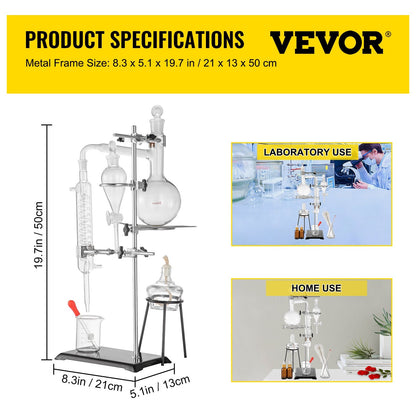 500ml Glass Distillation Kit with Condenser for Water and Oil Purification