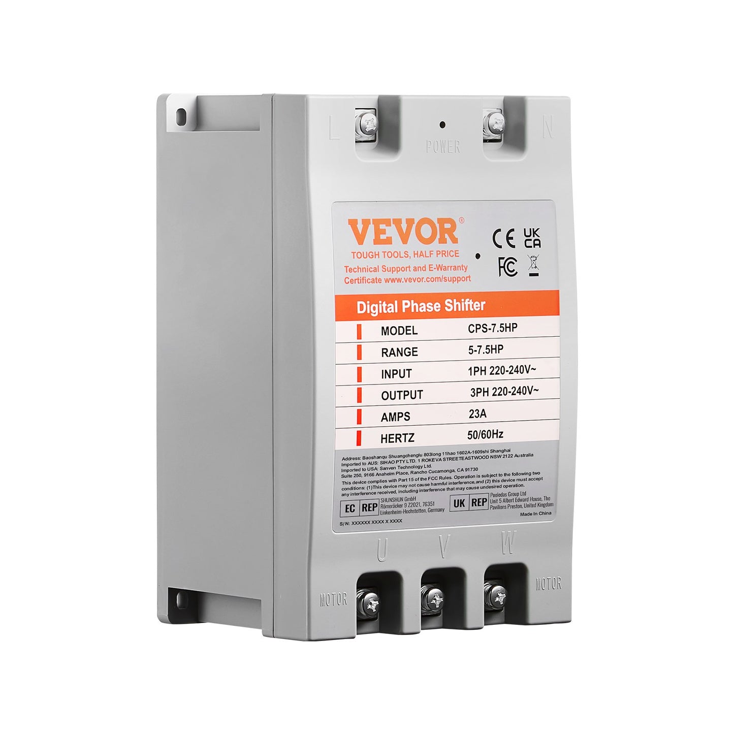 VEVOR 3 Phase Converter - 7.5HP 23A 220V Single Phase to 3 Phase Converter, Digital