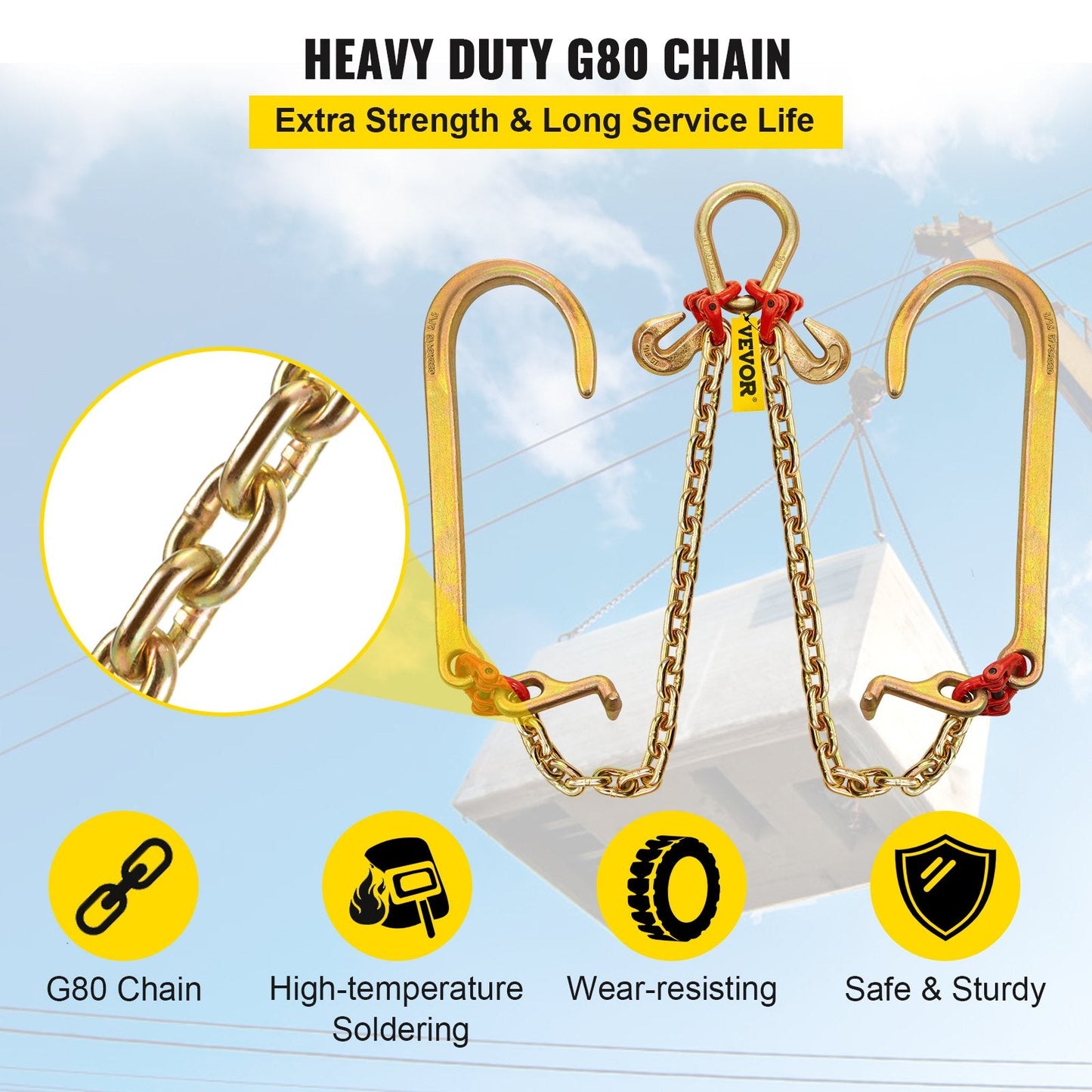 Heavy Duty Bridle Tow Chain with Hooks, Grade 80, 4.2T Capacity, 0.6m x 8mm
