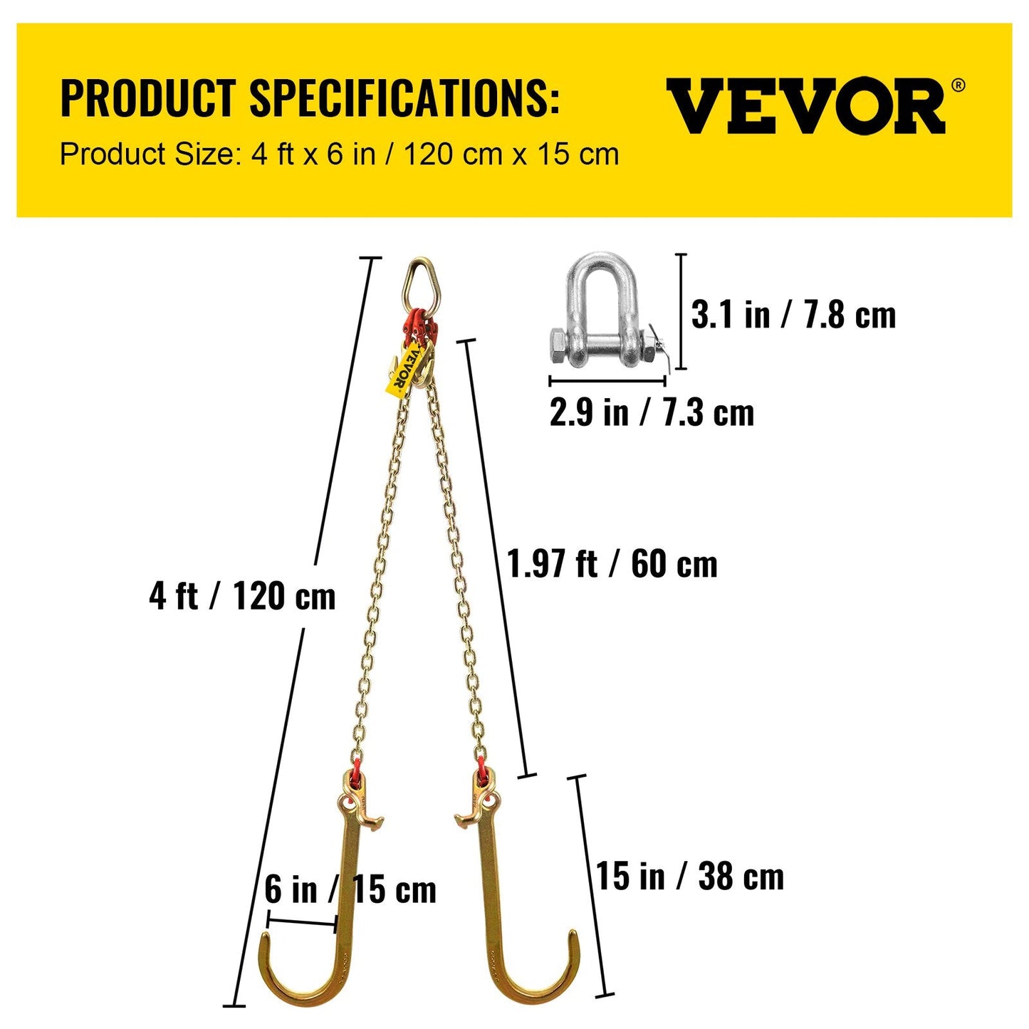 Heavy Duty Bridle Tow Chain with Hooks, Grade 80, 4.2T Capacity, 0.6m x 8mm