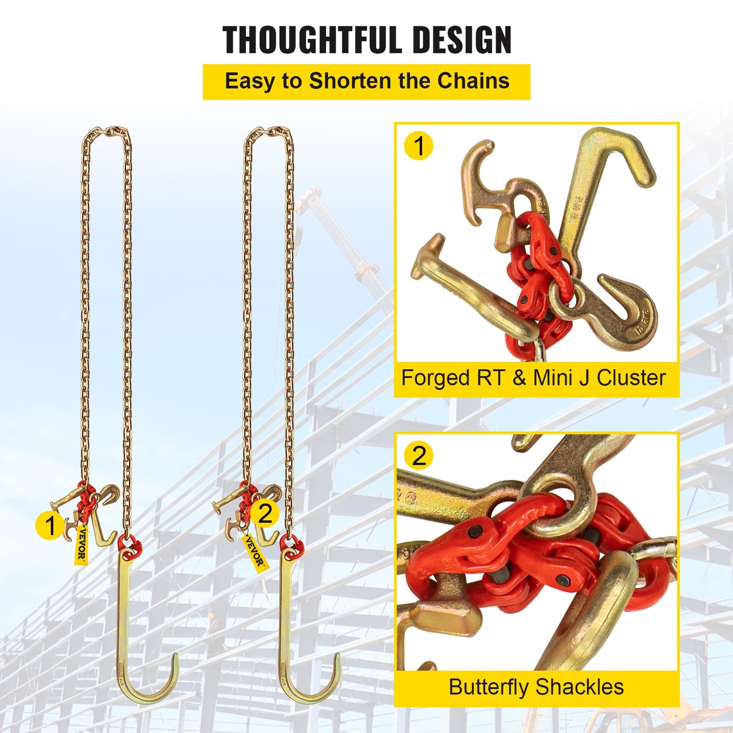 VEVOR 5/16"x10' Long Shank J Hook Tow Chain w/ 15" Large J Hooks & RTJ Hooks X2