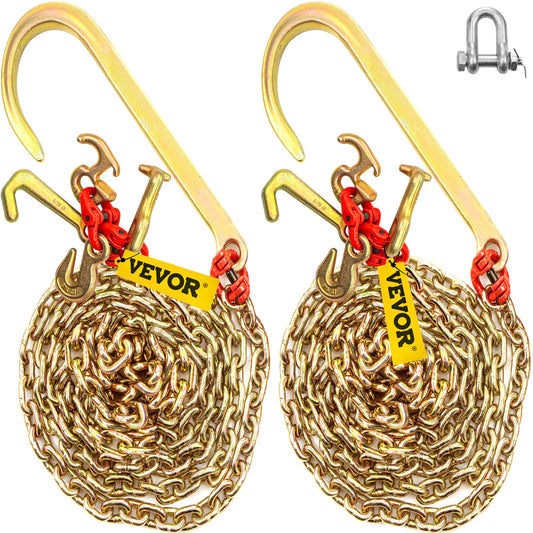 VEVOR 5/16"x10' Long Shank J Hook Tow Chain w/ 15" Large J Hooks & RTJ Hooks X2