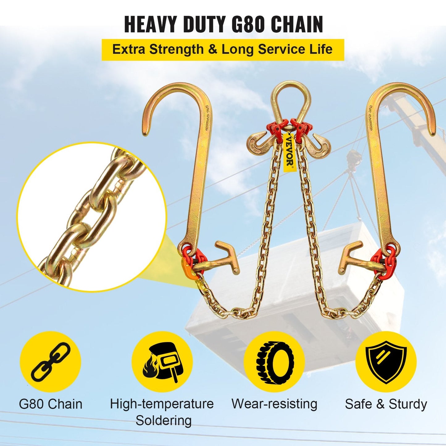 Heavy Duty 0.6m V Bridle Chain with Hooks, 4.2 Ton Capacity, G80 Steel
