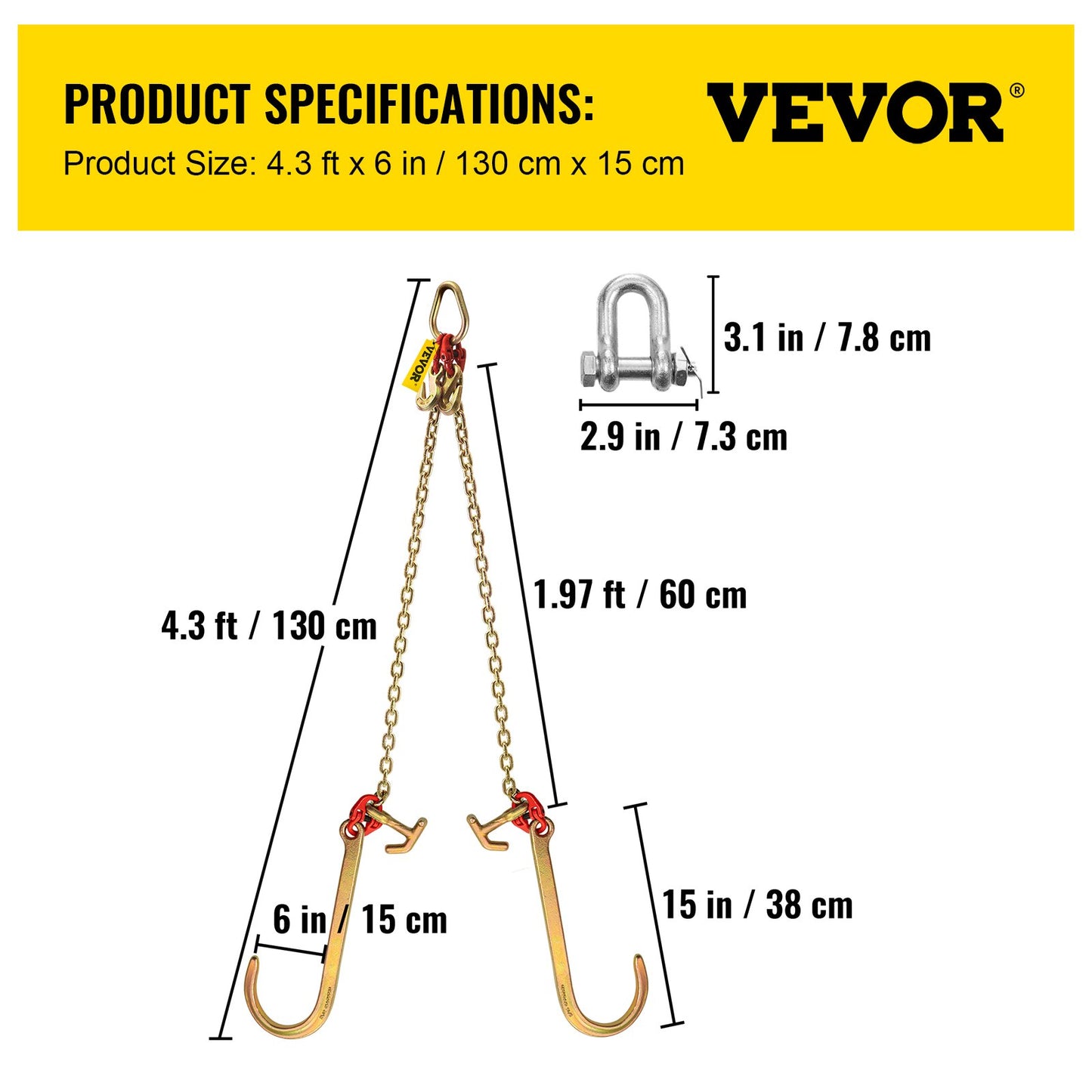 VEVOR V Bridle Chain, 5/16 in x 2 ft Tow Chain Bridle, Grade 80 V-Bridle Transport