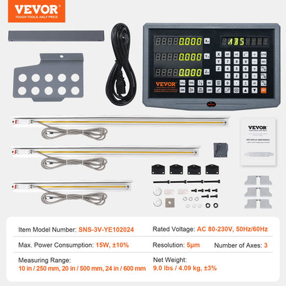 VEVOR Digital Readout, 250 mm & 500 mm & 600 mm, Linear Scale 3 Axis DRO Display