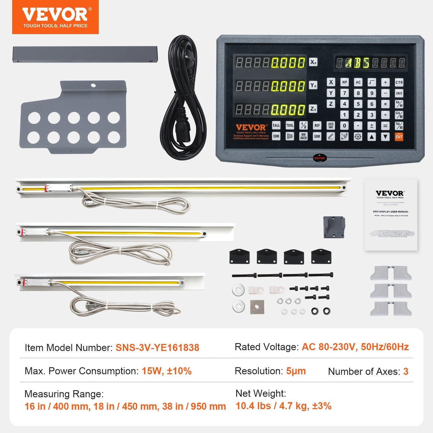 Digital Readout with 3 Axis DRO Display, Linear Scale - 0.4m, 0.45m, 0.95m