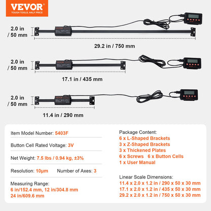 VEVOR Digital Readout, 152.4 mm & 304.8 mm & 609.6 mm, Linear Scale 3 Axis DRO Display