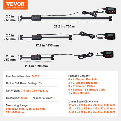 3-Axis Digital Readout Kit with 0.15m, 0.3m & 0.6m Linear Scales