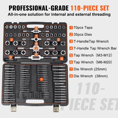 110-Piece Metric Tap & Die Set M2-M18, Durable Bearing Steel Threading Tool