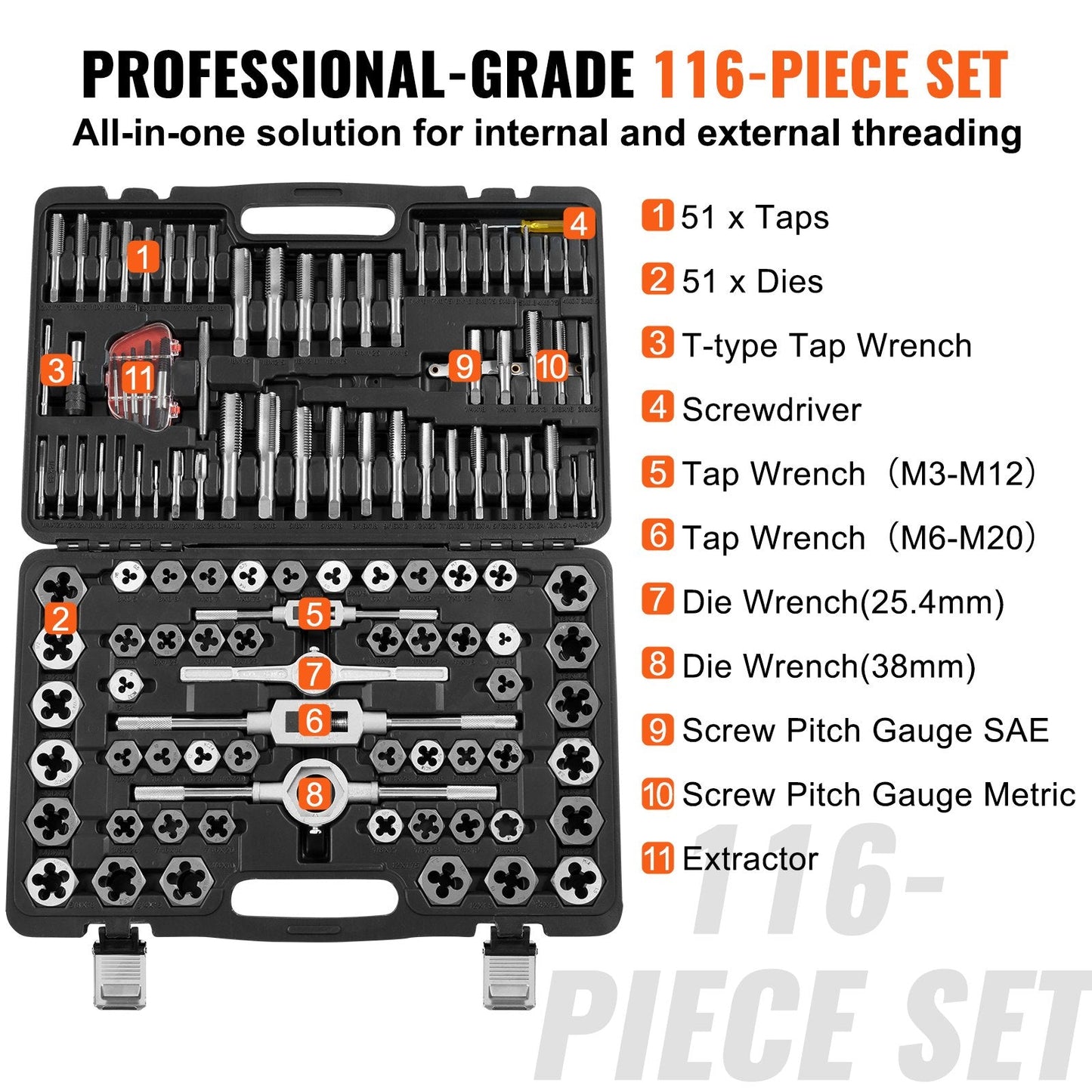 116-Piece Tap and Die Set, Metric & SAE, Bearing Steel, 6kg, with Case