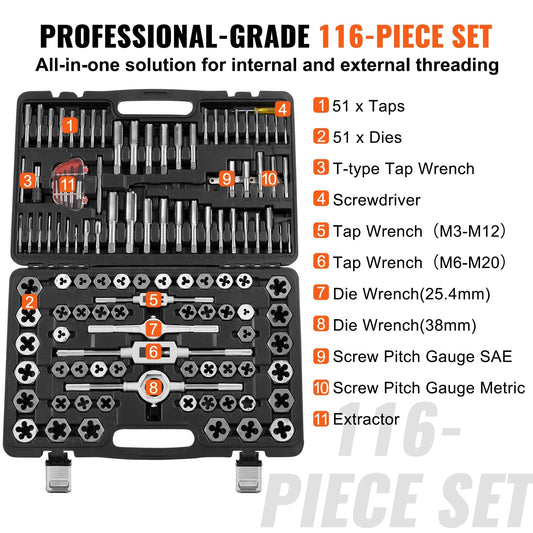 116-Piece Tap and Die Set, Metric & SAE, Bearing Steel, 6kg, with Case