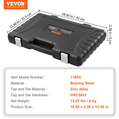 116-Piece Tap and Die Set, Metric & SAE, Bearing Steel, 6kg, with Case