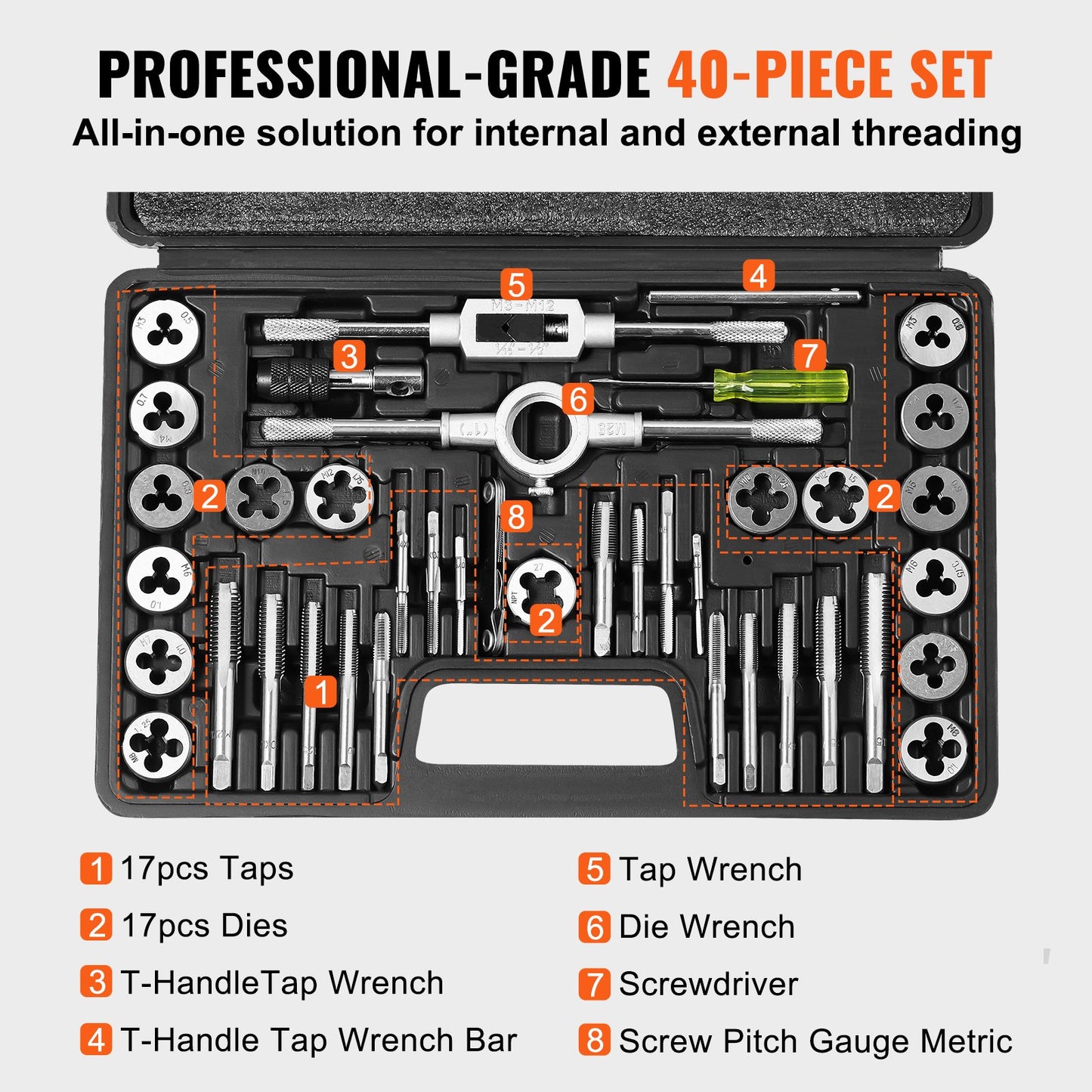 VEVOR Tap and Die Set 40Pcs Metric Size M3 to M12 Bearing Steel Threading Tool