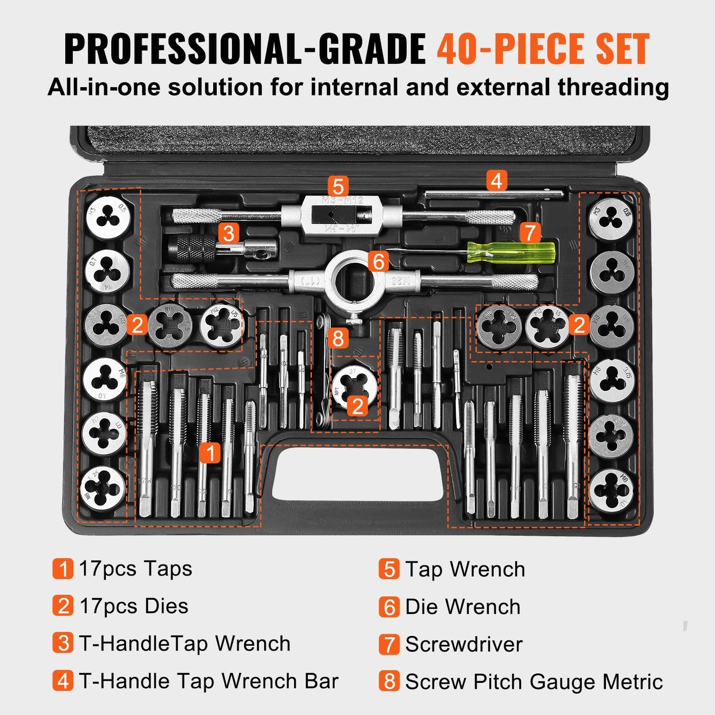 40-Piece Metric Tap & Die Set M3-M12, Bearing Steel Threading Tool Kit