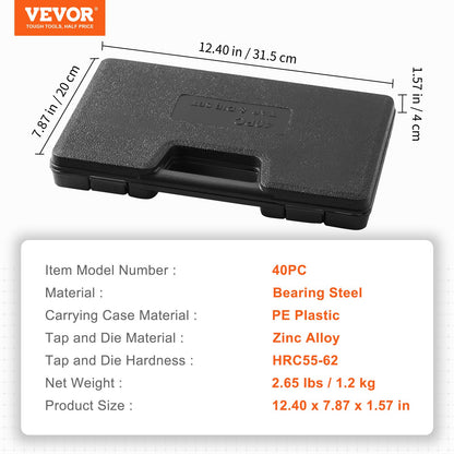 VEVOR Tap and Die Set 40Pcs Metric Size M3 to M12 Bearing Steel Threading Tool