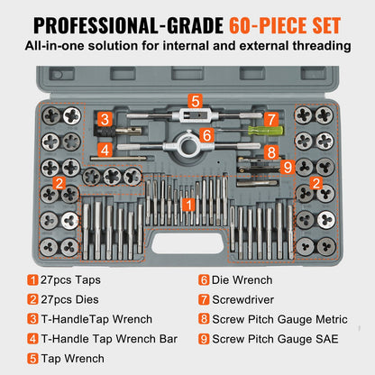 60-Piece Metric & SAE Threading Tool Set with Bearing Steel & Portable Case