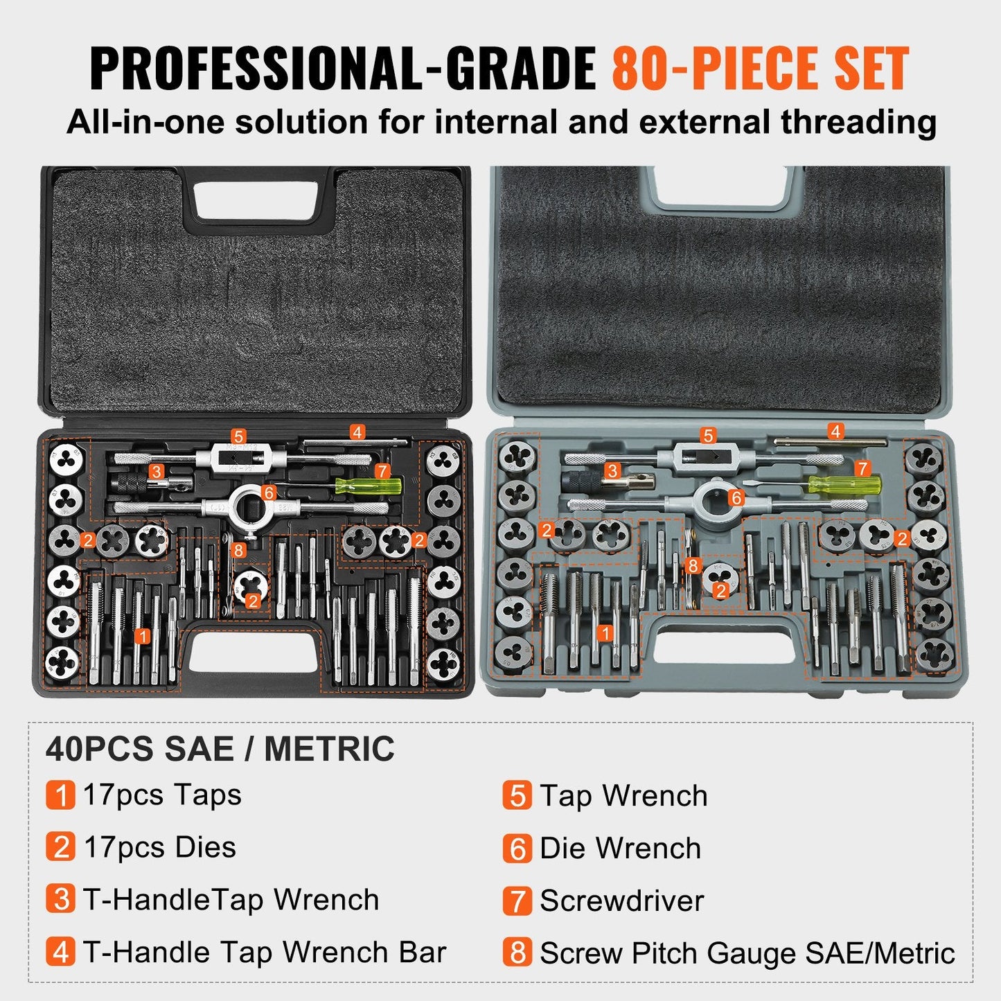 80-Piece Metric & SAE Bearing Steel Tap and Die Set with Carrying Case