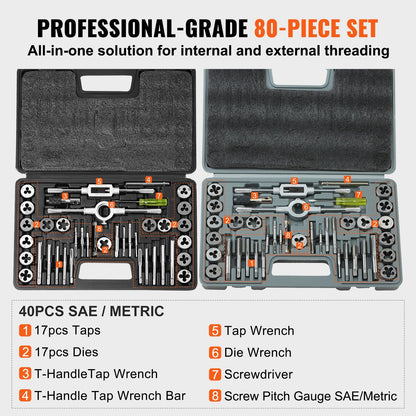 80-Piece Metric & SAE Bearing Steel Tap and Die Set with Carrying Case
