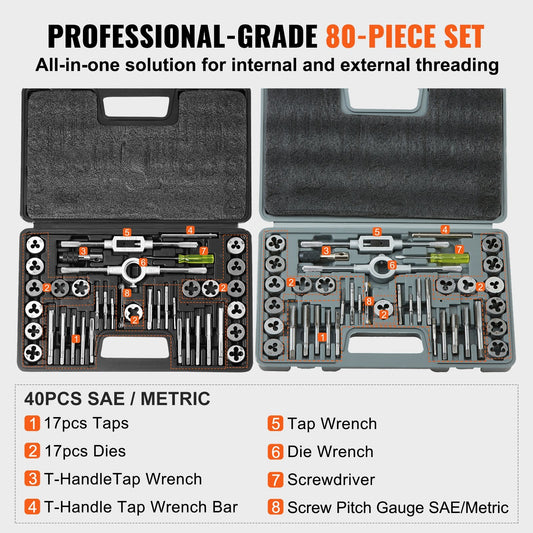 80-Piece Metric & SAE Bearing Steel Tap and Die Set with Carrying Case
