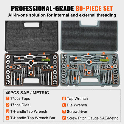 VEVOR Tap and Die Set 80Pcs Metric and SAE Standard Bearing Steel Threading Tool