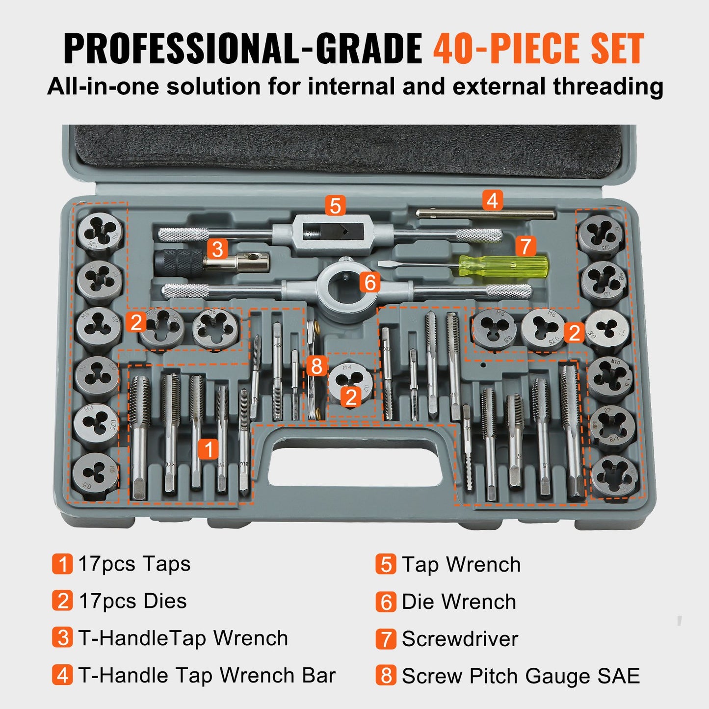 VEVOR Tap and Die Set 40Pcs SAE Size NC/NF/NPT Bearing Steel Threading Tool