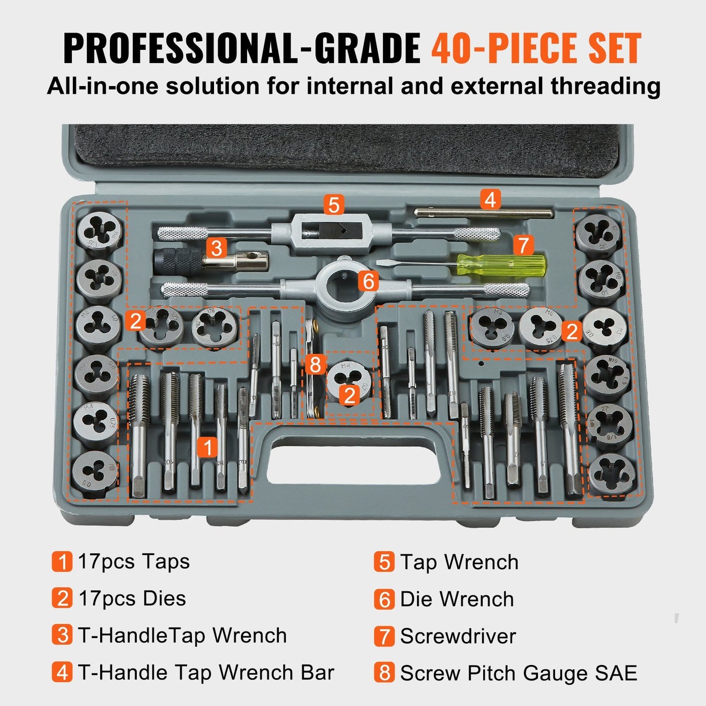 40-Piece SAE Bearing Steel Tap & Die Set with Portable Case