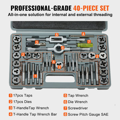 40-Piece SAE Bearing Steel Tap & Die Set with Portable Case