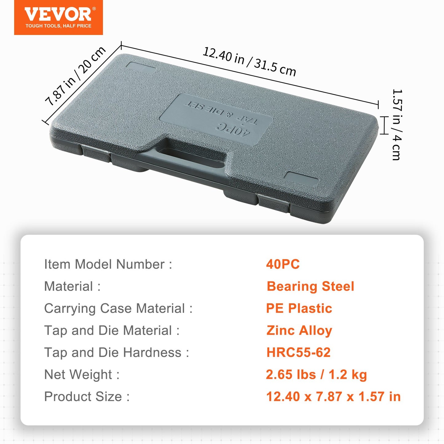 VEVOR Tap and Die Set 40Pcs SAE Size NC/NF/NPT Bearing Steel Threading Tool
