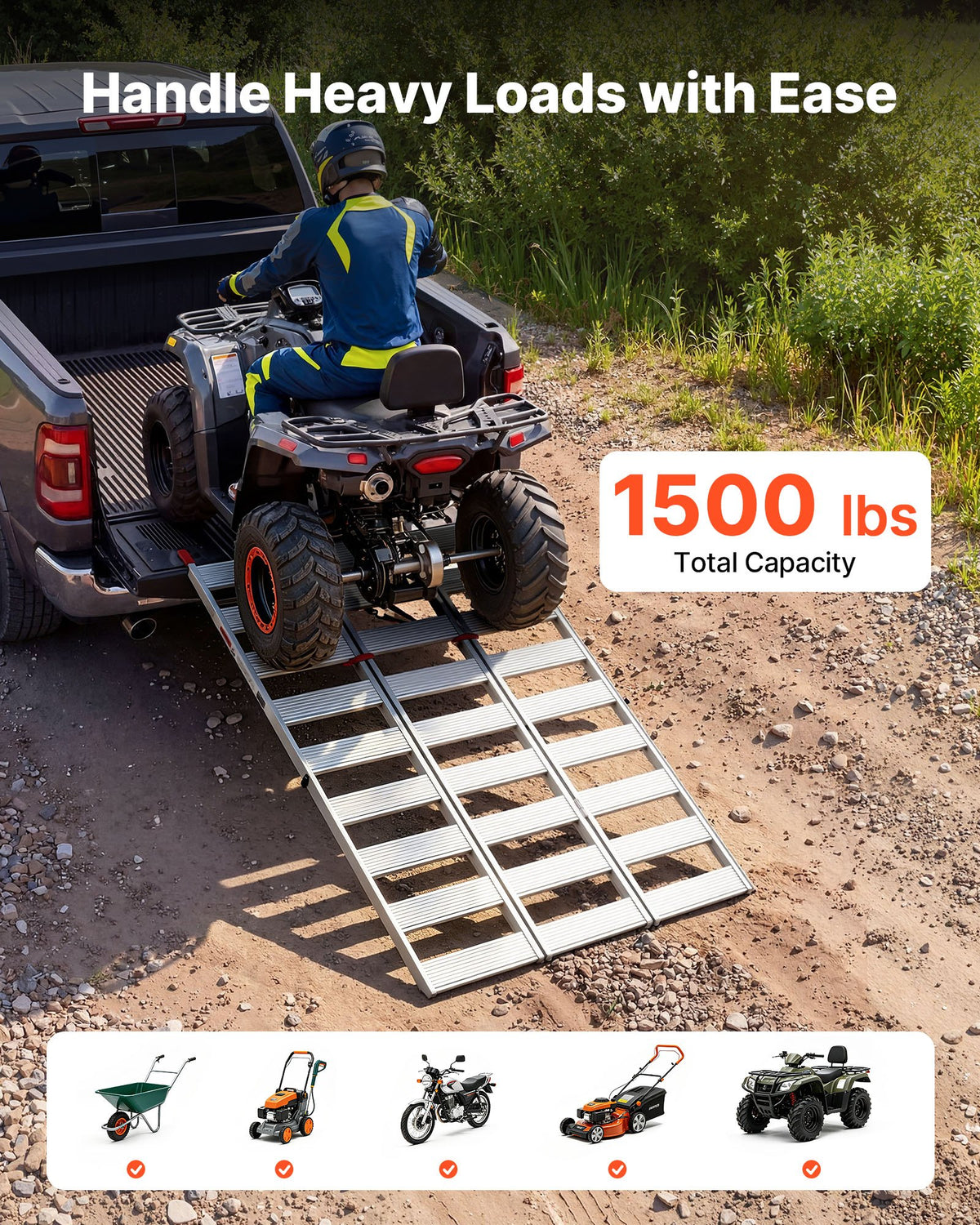 Aluminum Trailer Ramps, 1945 x 1260mm Tri-Folding Truck Ramps with Straps & Non-Slip Rubber Fingers, 680kg Capacity ATV Loading Ramps for Pickup Trucks, Motorcycles, Lawn Mowers, Tractors, Carts