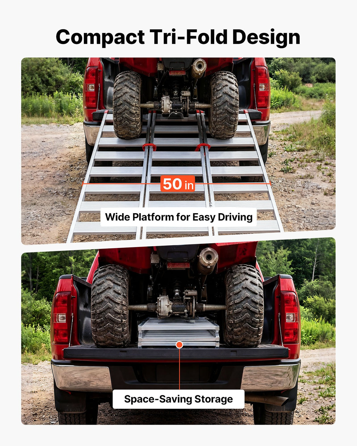 Aluminum Trailer Ramps, 1945 x 1260mm Tri-Folding Truck Ramps with Straps & Non-Slip Rubber Fingers, 680kg Capacity ATV Loading Ramps for Pickup Trucks, Motorcycles, Lawn Mowers, Tractors, Carts