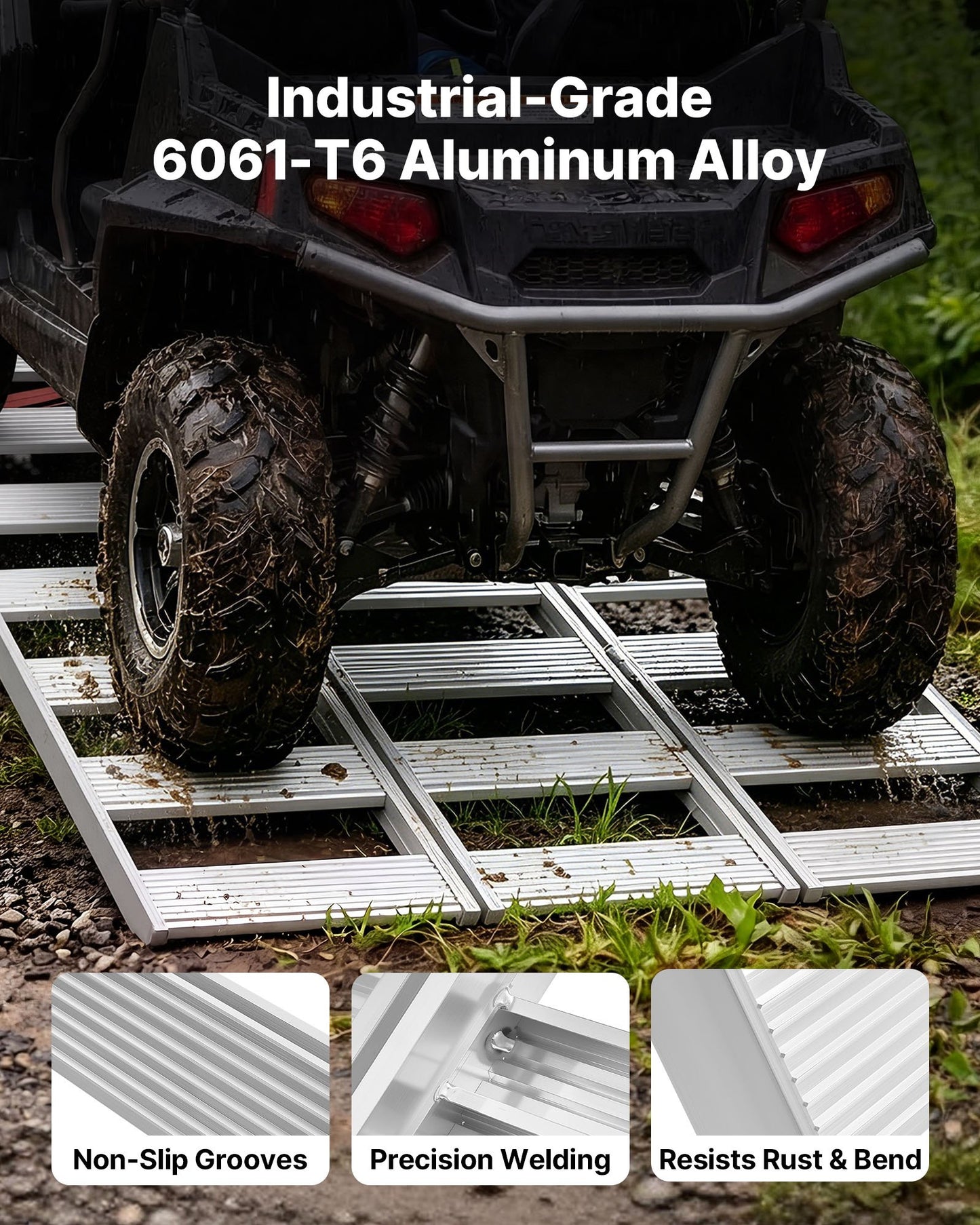 Aluminum Trailer Ramps, 1945 x 1260mm Tri-Folding Truck Ramps with Straps & Non-Slip Rubber Fingers, 680kg Capacity ATV Loading Ramps for Pickup Trucks, Motorcycles, Lawn Mowers, Tractors, Carts