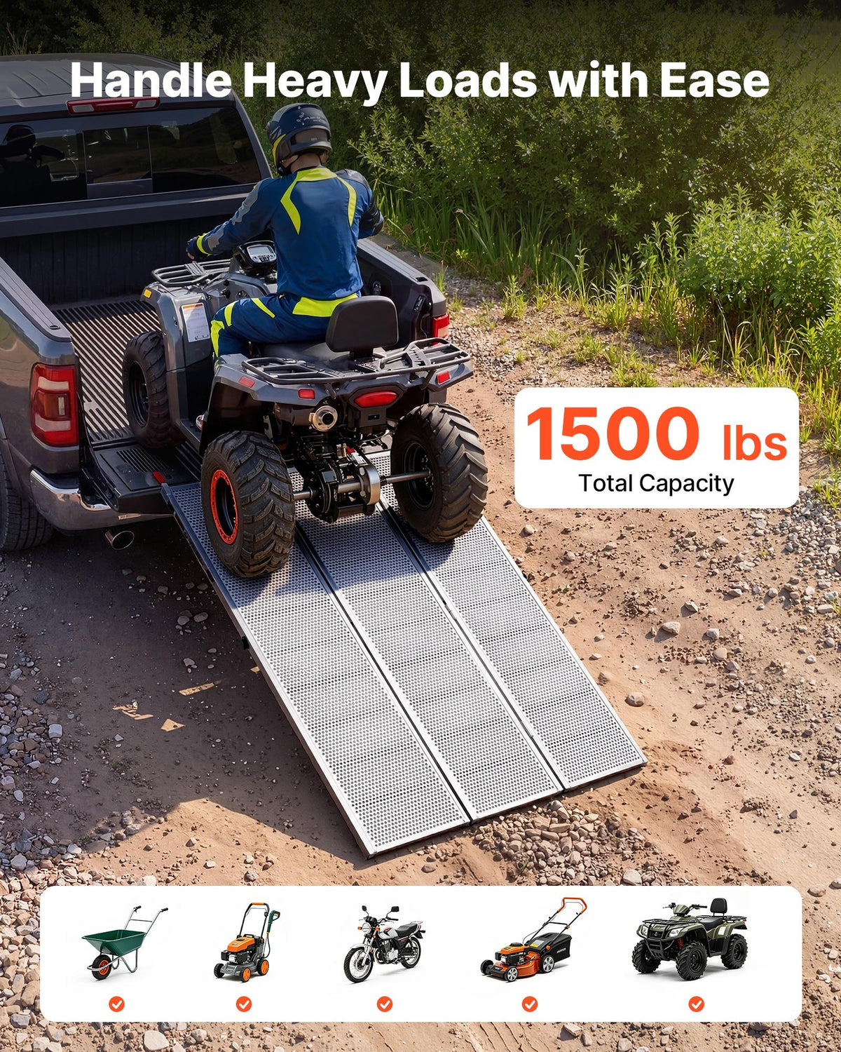 Aluminum Trailer Ramps, 1935 x 1370mm Tri-Folding Truck Ramps with Straps & Non-Slip Rubber Fingers,680kg Capacity ATV Loading Ramps for Pickup Trucks, Motorcycles, Lawn Mowers, Tractors, Carts