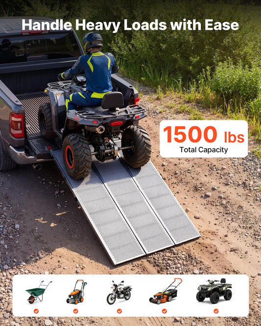 Aluminum Trailer Ramps, 1935 x 1370mm Tri-Folding Truck Ramps with Straps & Non-Slip Rubber Fingers,680kg Capacity ATV Loading Ramps for Pickup Trucks, Motorcycles, Lawn Mowers, Tractors, Carts