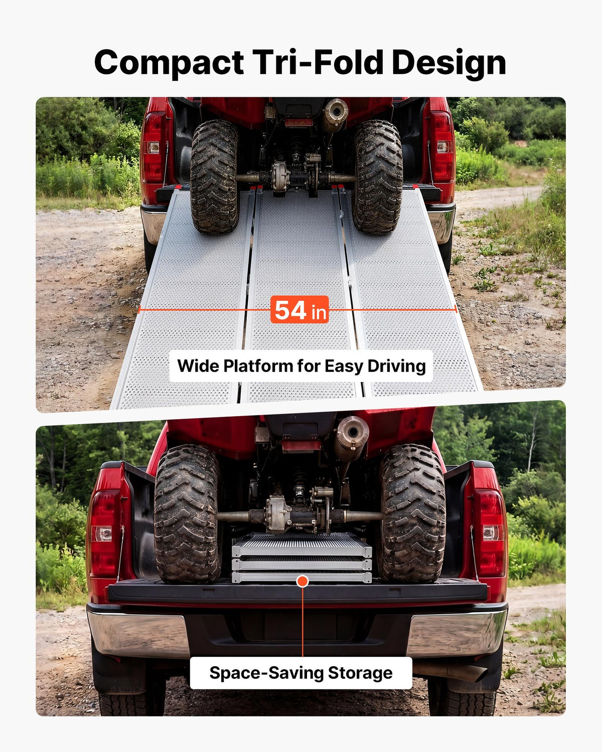Aluminum Trailer Ramps, 1935 x 1370mm Tri-Folding Truck Ramps with Straps & Non-Slip Rubber Fingers,680kg Capacity ATV Loading Ramps for Pickup Trucks, Motorcycles, Lawn Mowers, Tractors, Carts