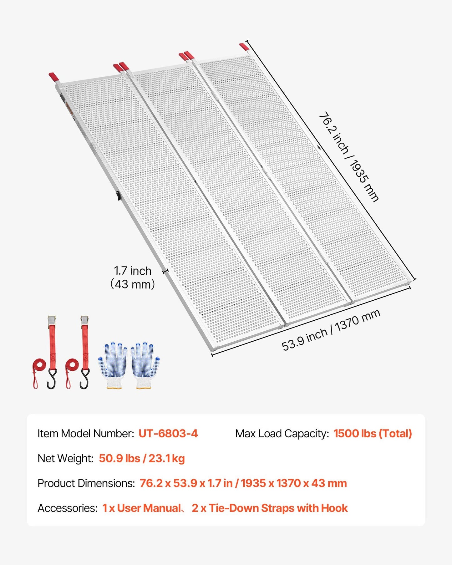 Aluminum Trailer Ramps, 1935 x 1370mm Tri-Folding Truck Ramps with Straps & Non-Slip Rubber Fingers,680kg Capacity ATV Loading Ramps for Pickup Trucks, Motorcycles, Lawn Mowers, Tractors, Carts