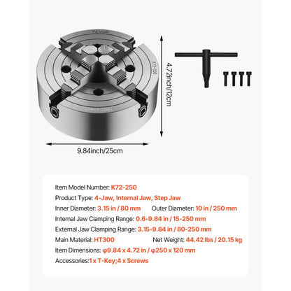 VEVOR 250 mm 4-Jaw Self-Centering Lathe Chuck for Lathe Drilling Milling Machine