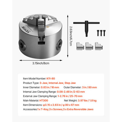 80 mm 3-Jaw Self-Centering Lathe Chuck for Lathe Drilling Milling Machine