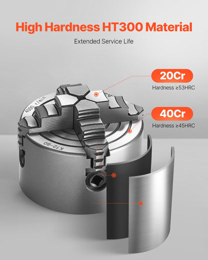 4-Jaw Lathe Chuck, 3 Inch (80 mm), 4-Jaw Independent Chuck, 0.1-3.15 in (5-80 mm) Clamping Range with T-key Fixing Screws Reversible Jaws, HT300 Material, Internal External for Wood Metal Lathe