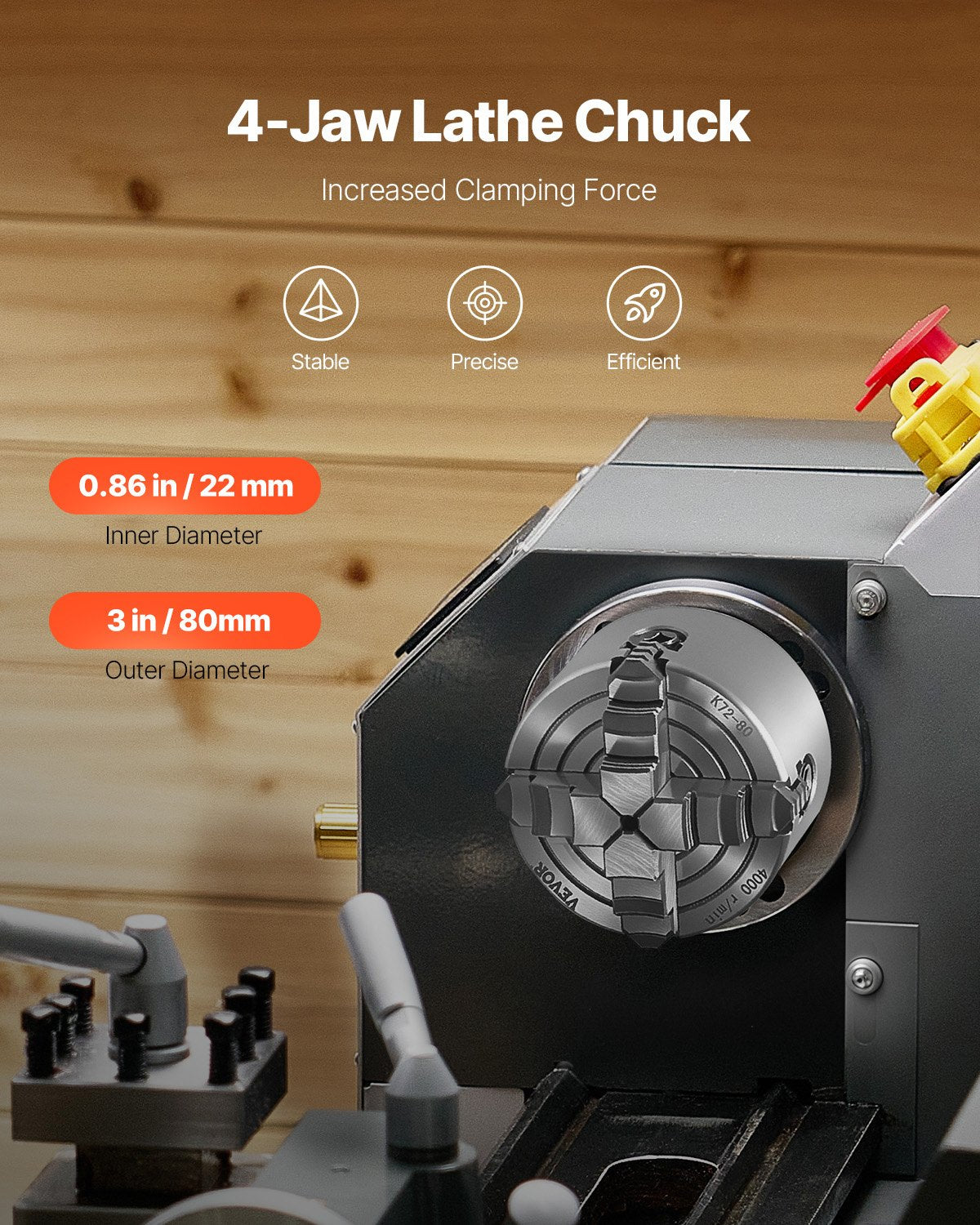 4-Jaw Lathe Chuck, 3 Inch (80 mm), 4-Jaw Independent Chuck, 0.1-3.15 in (5-80 mm) Clamping Range with T-key Fixing Screws Reversible Jaws, HT300 Material, Internal External for Wood Metal Lathe