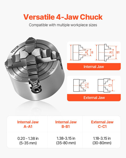 4-Jaw Lathe Chuck, 3 Inch (80 mm), 4-Jaw Independent Chuck, 0.1-3.15 in (5-80 mm) Clamping Range with T-key Fixing Screws Reversible Jaws, HT300 Material, Internal External for Wood Metal Lathe