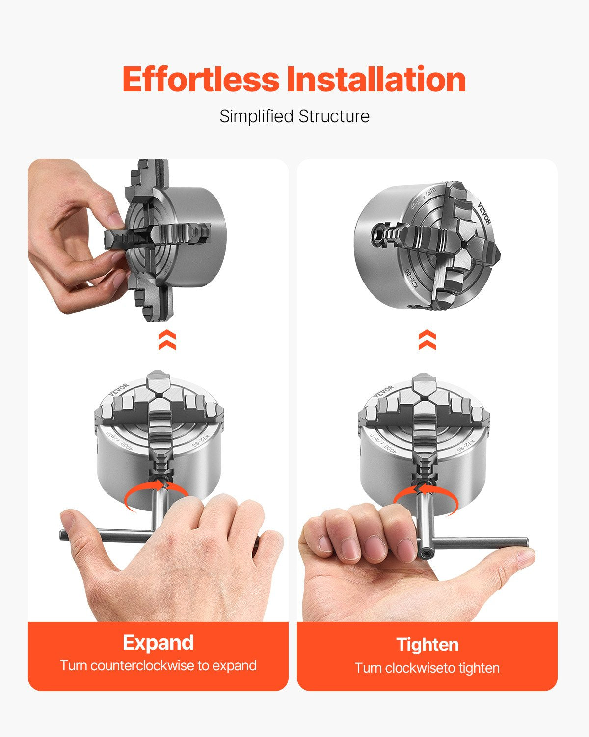 4-Jaw Lathe Chuck, 3 Inch (80 mm), 4-Jaw Independent Chuck, 0.1-3.15 in (5-80 mm) Clamping Range with T-key Fixing Screws Reversible Jaws, HT300 Material, Internal External for Wood Metal Lathe