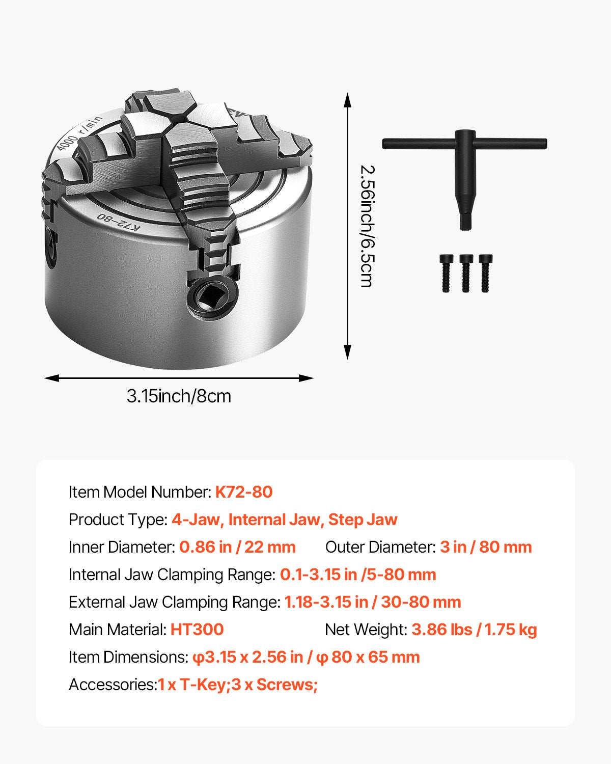 4-Jaw Lathe Chuck, 3 Inch (80 mm), 4-Jaw Independent Chuck, 0.1-3.15 in (5-80 mm) Clamping Range with T-key Fixing Screws Reversible Jaws, HT300 Material, Internal External for Wood Metal Lathe